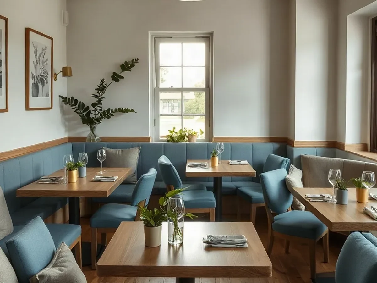 A calm lounge corner with clay-blue upholstery and leafy accents.