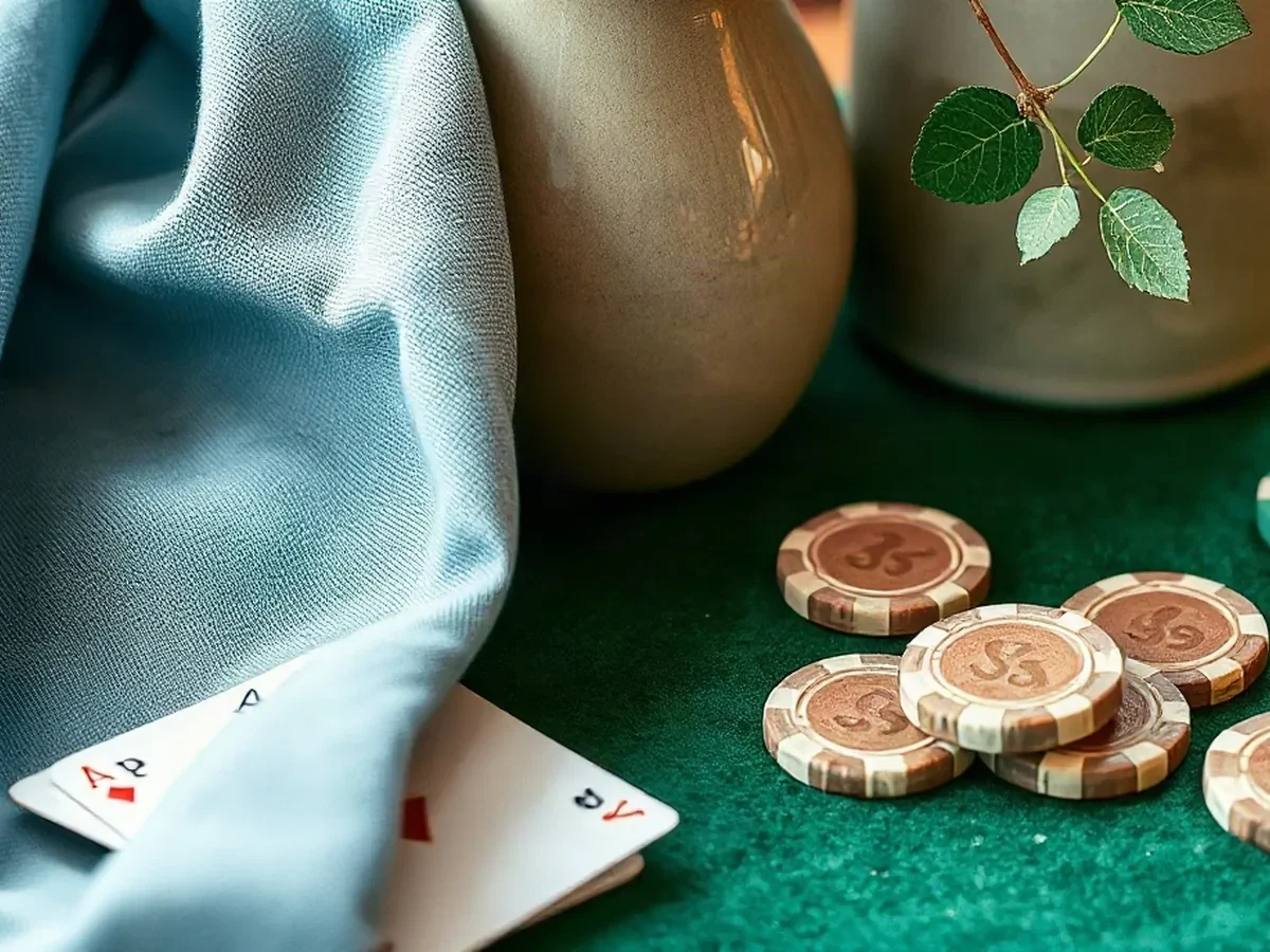 Clay-blue linen, stoneware, cards and chips in soft light.