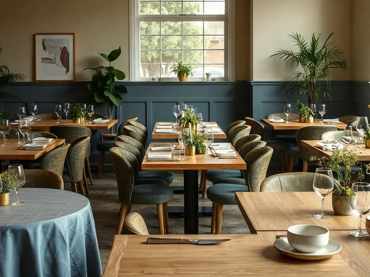 Pale oak tables and glazed stoneware in filtered daylight.