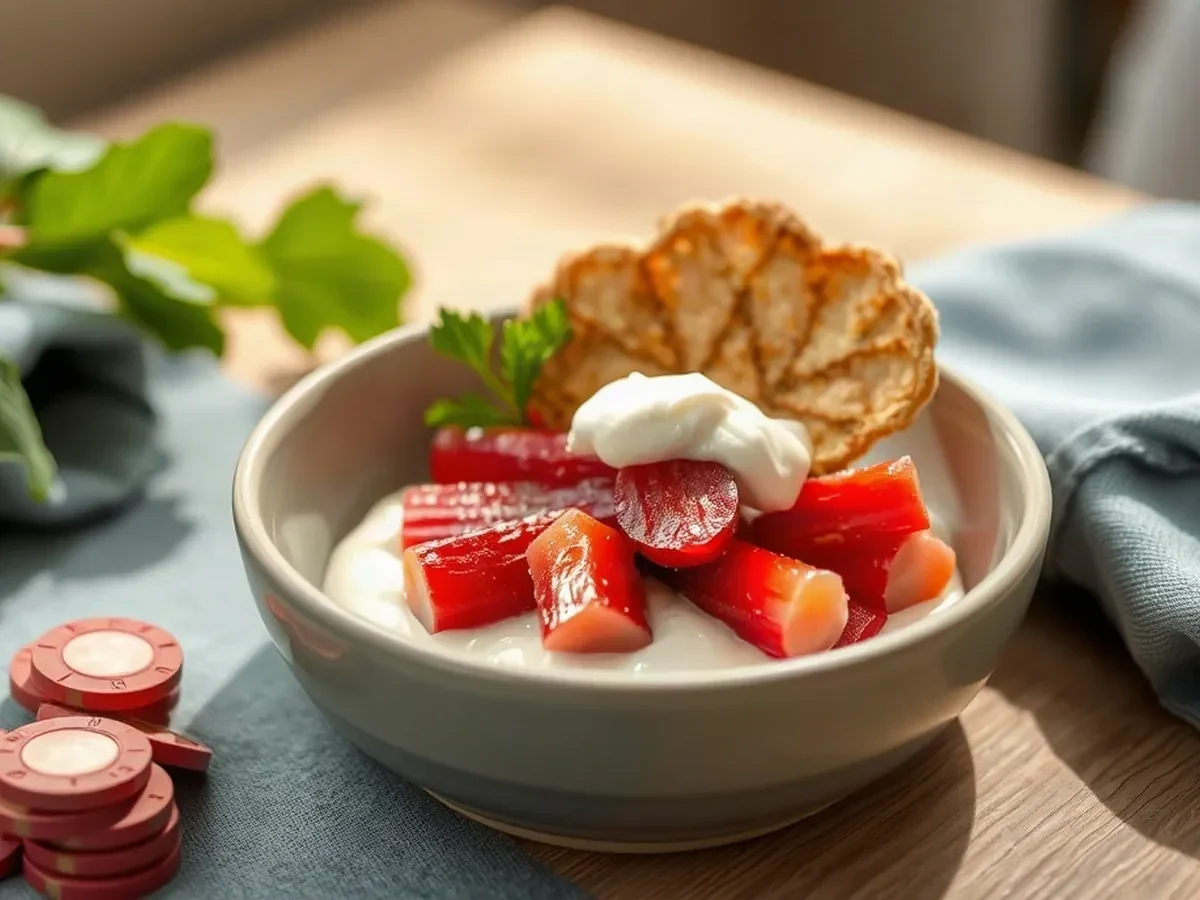 Rhubarb, crème fraîche and crisp buckwheat tuile on stoneware.