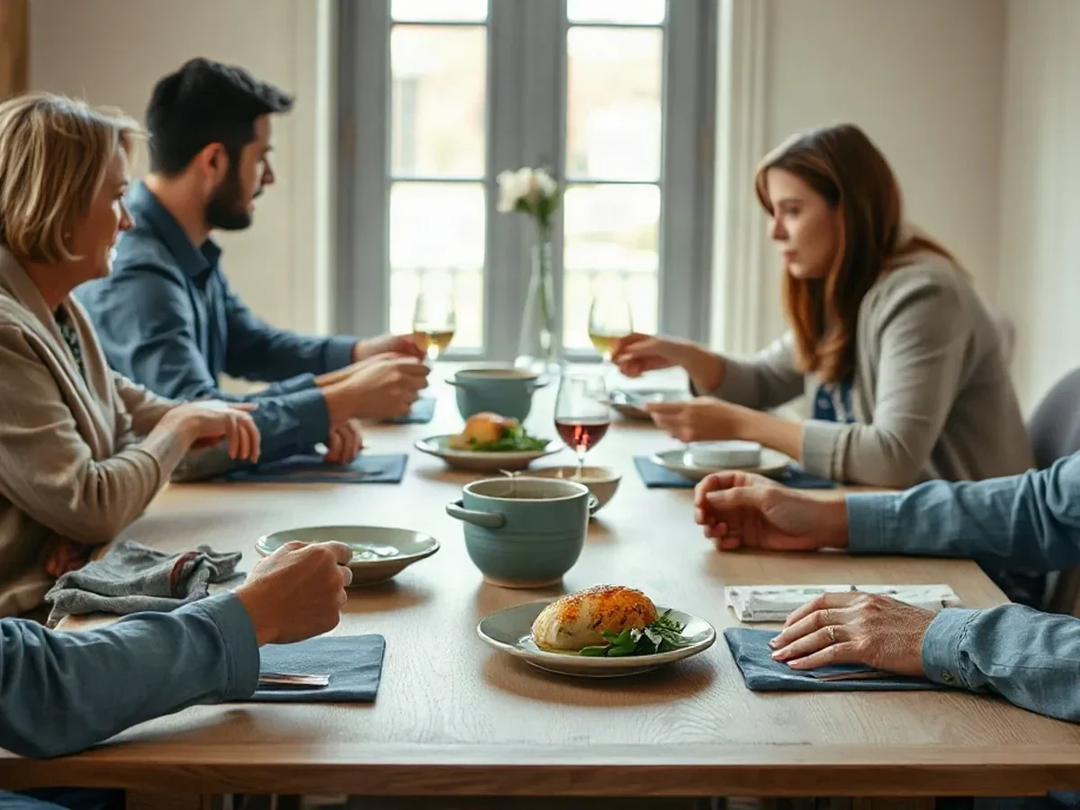 Adult diners sharing French dishes at a clay-blue linen table.