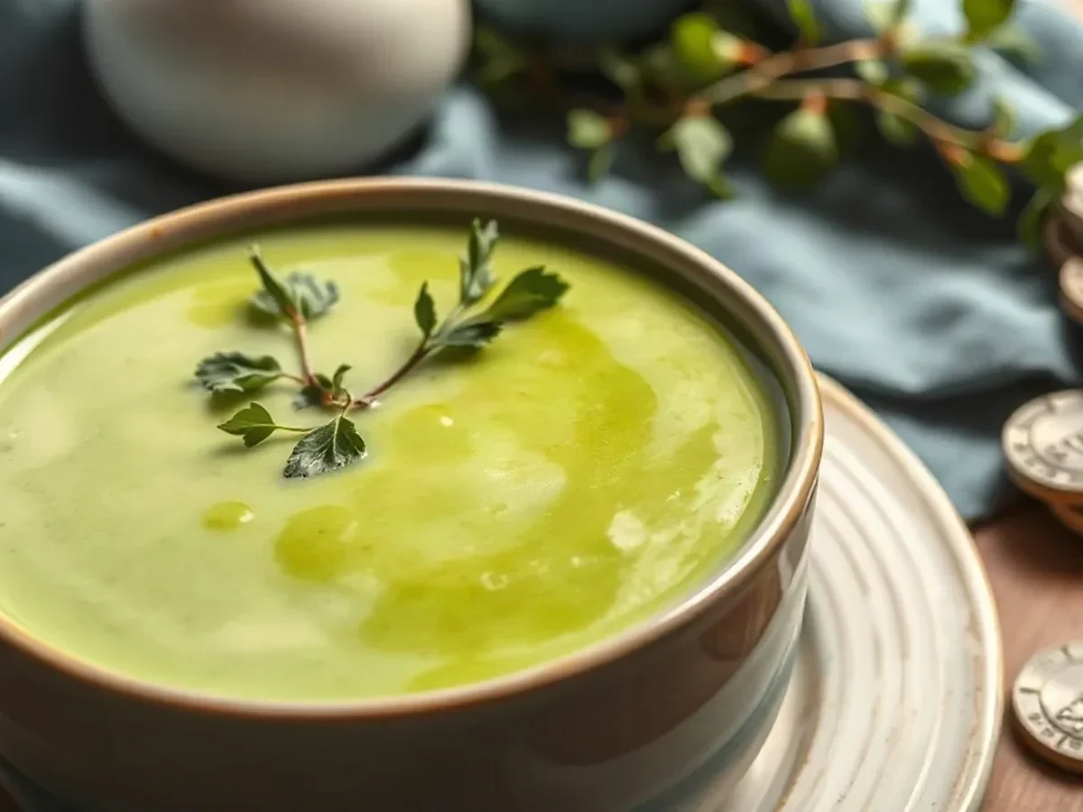 Spring pea velouté with tender herbs in glazed stoneware.