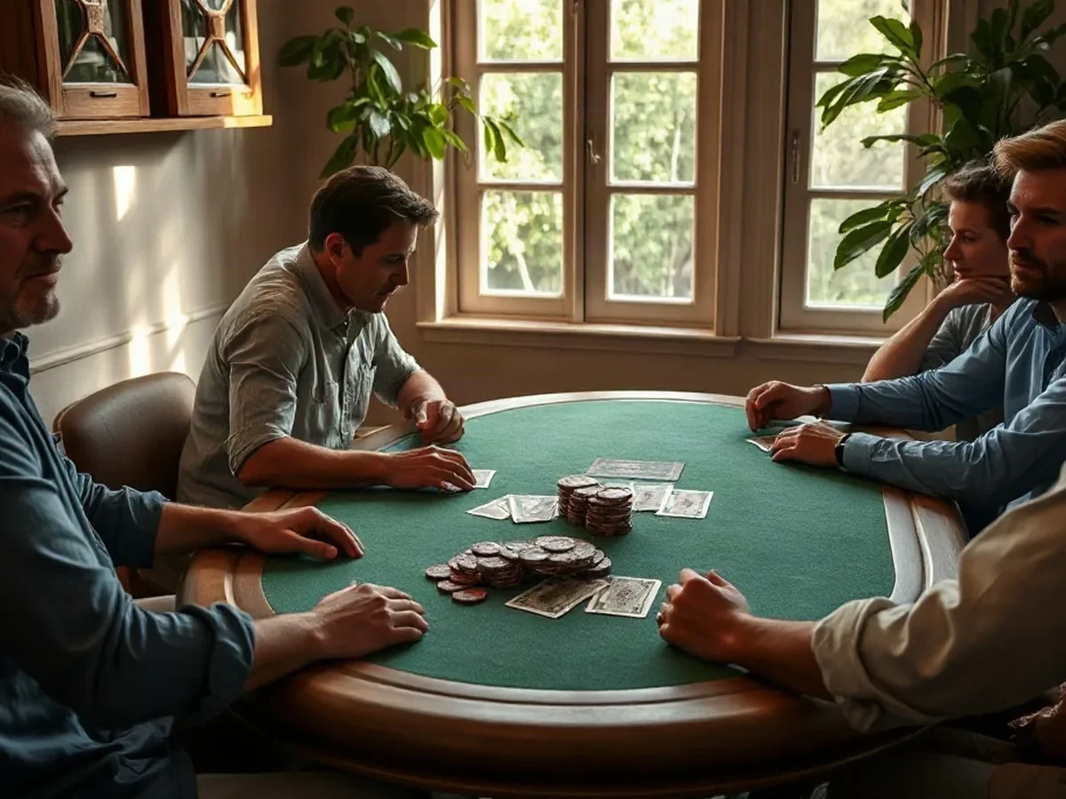 Adult players around a dealer-led poker table with green felt.