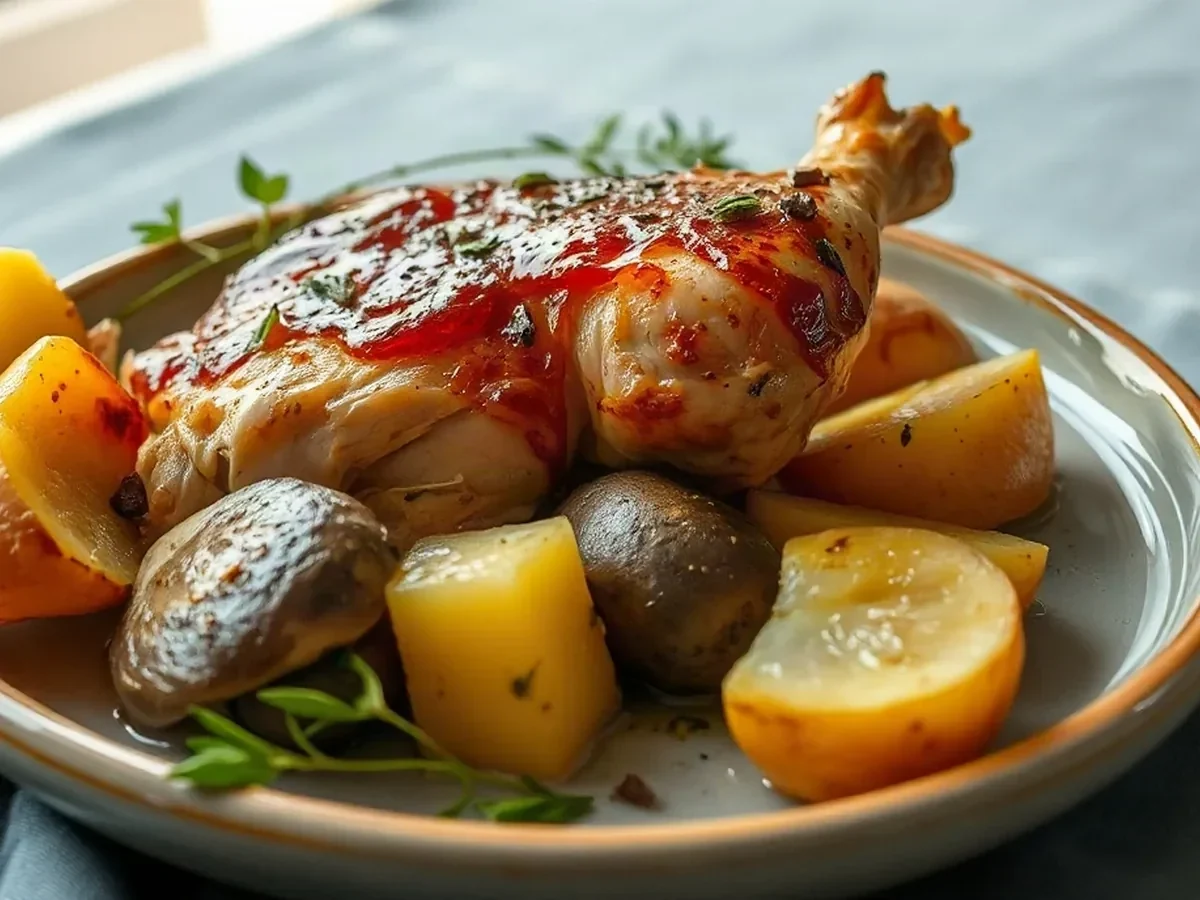 Roast chicken, morels, new potatoes and tarragon on stoneware.