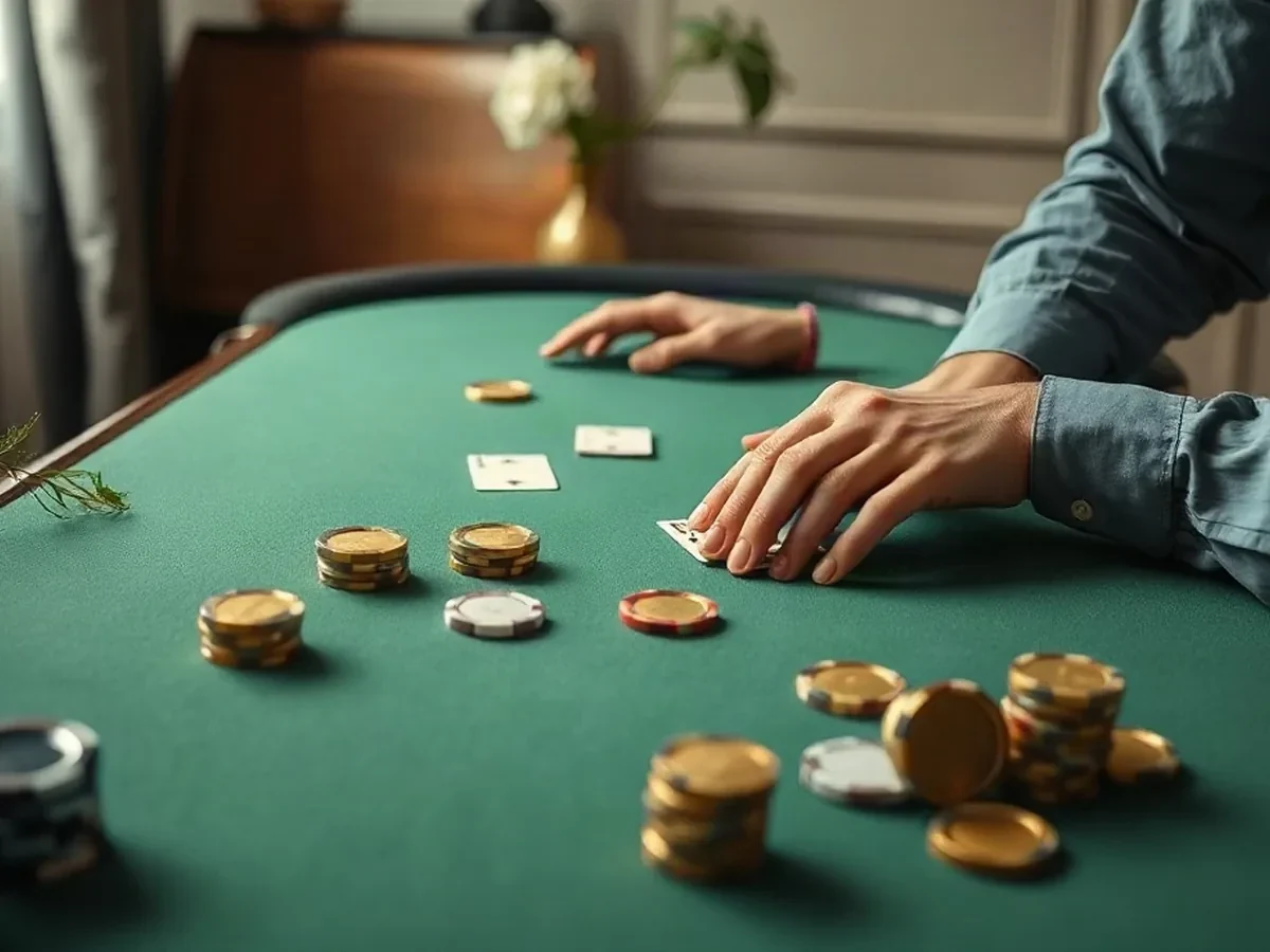 Cards and standard casino chips on green poker felt.
